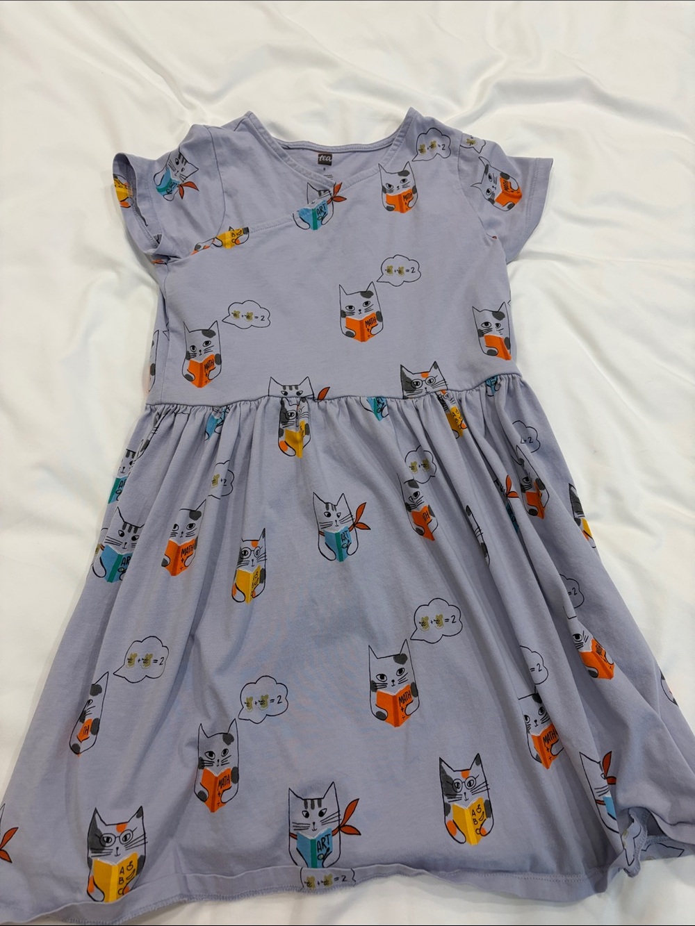 Tea Collection Lavender Cat-Print Dress with Orange, Yellow & Teal Accents